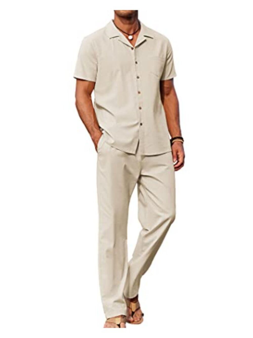 Men's 2 Piece Linen Outfit Beach Button Down Shirt Loose Pant Set